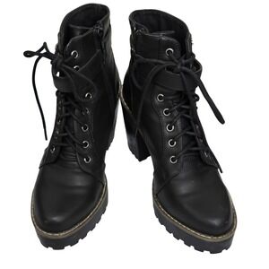 H&M Divided Black Faux Leather Lace Up‎ Chunky Heel Combat Boots Women Size 37